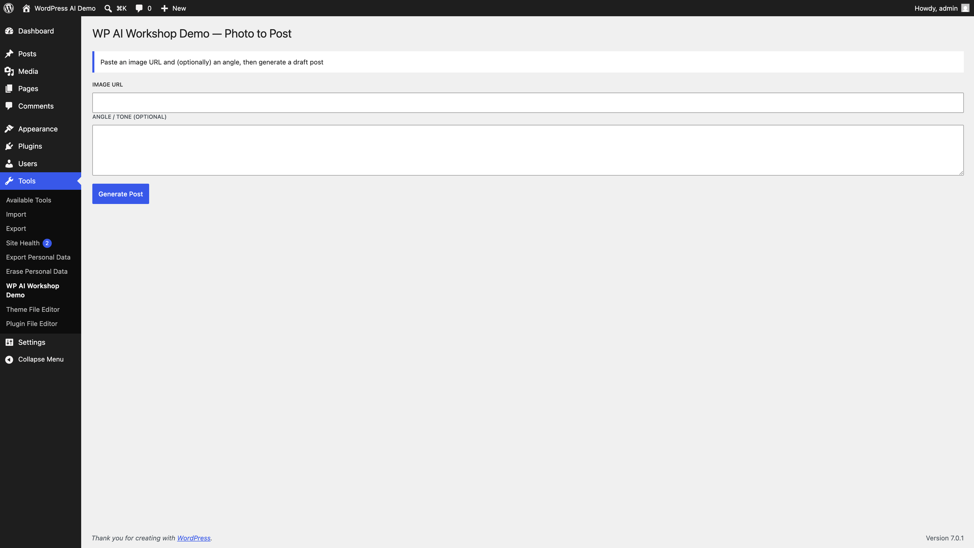 WP AI Workshop Demo settings page