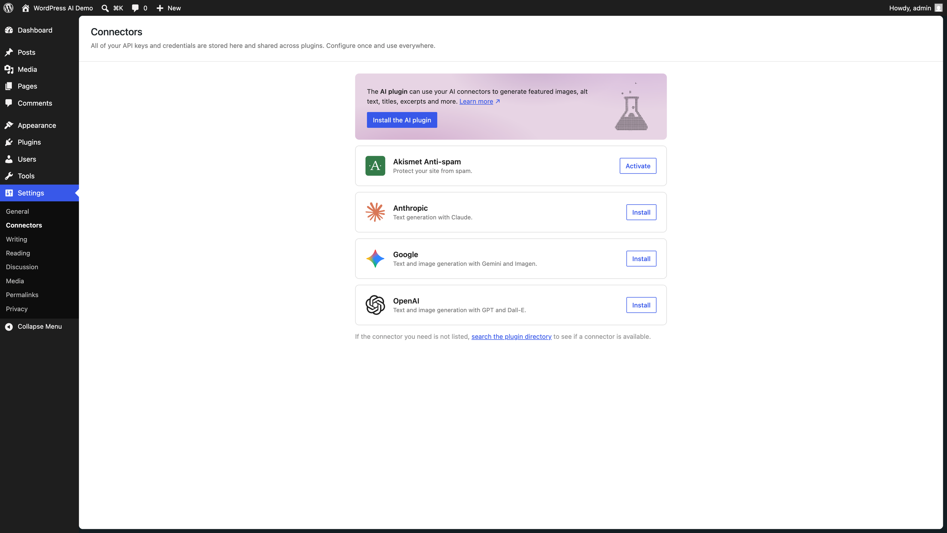 WordPress Connectors page