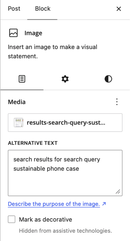 screenshot showing the image block settings in wordpress with an alt text filled in