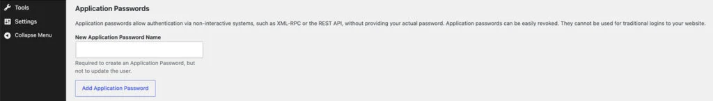 WordPress Application Passwords settings page showing option to add new application password for non-interactive authentication.