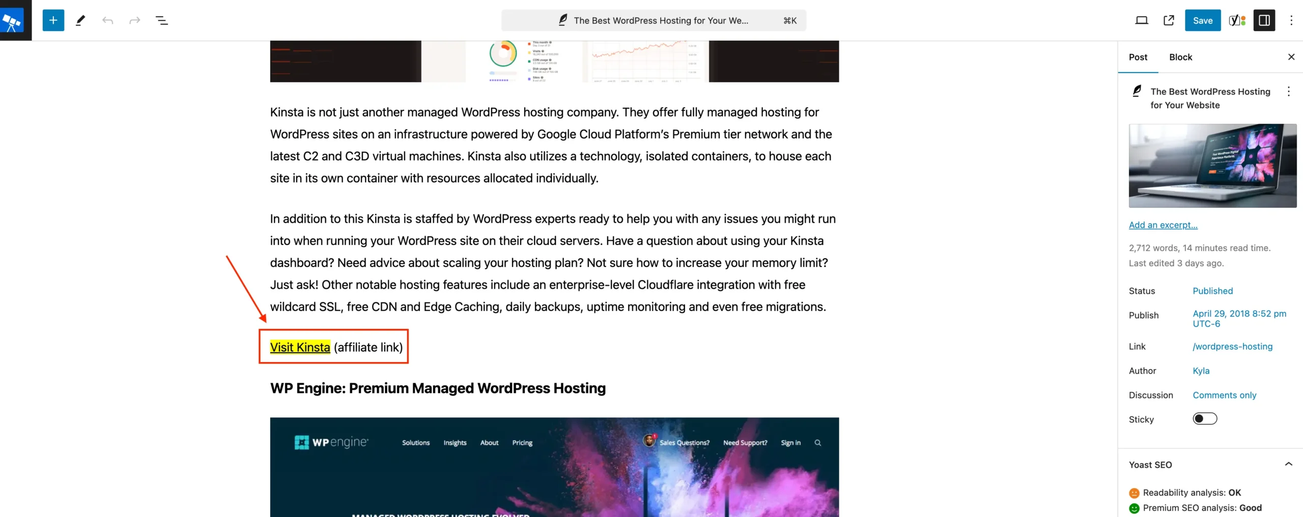 Example of highlighted link in the Gutenberg editor