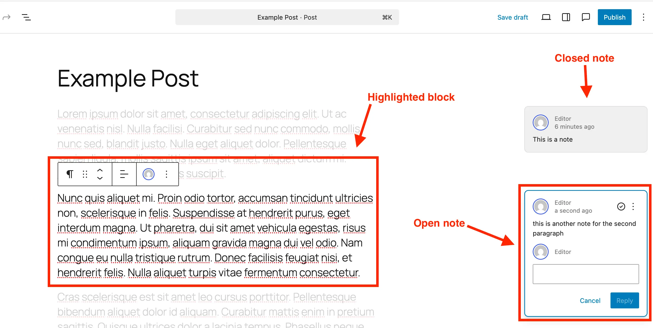 WordPress open note example in Gutenberg editor