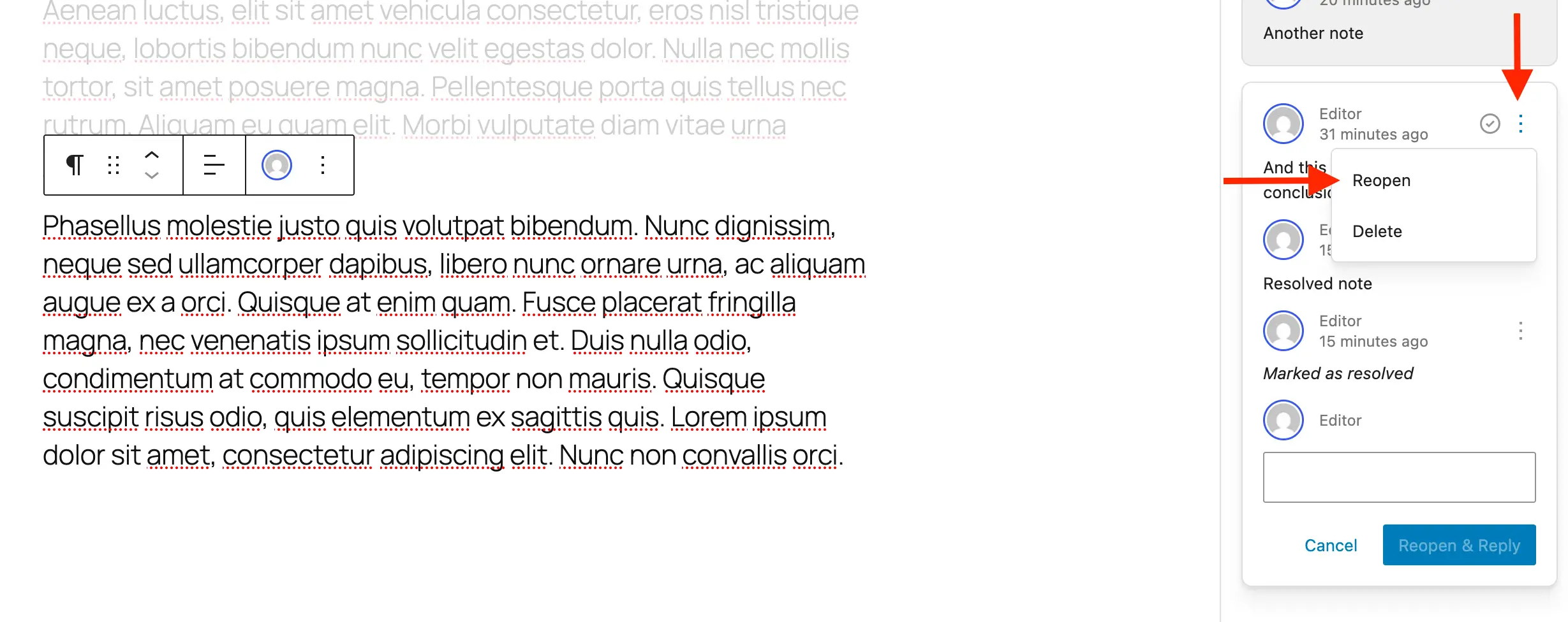 WordPress reopen note
