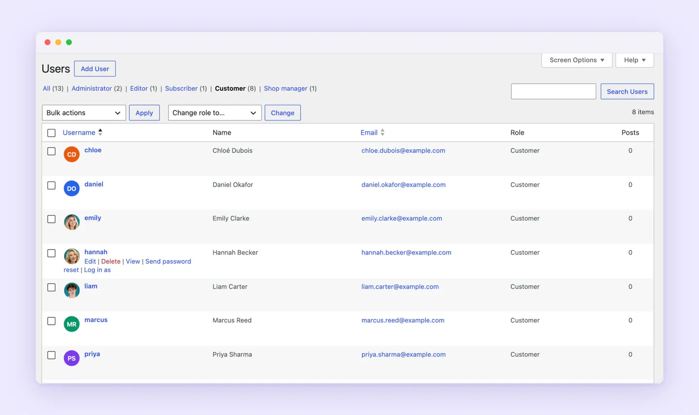 WordPress Users screen with a Log in as link under a customer's name, added by Superb Login As User.