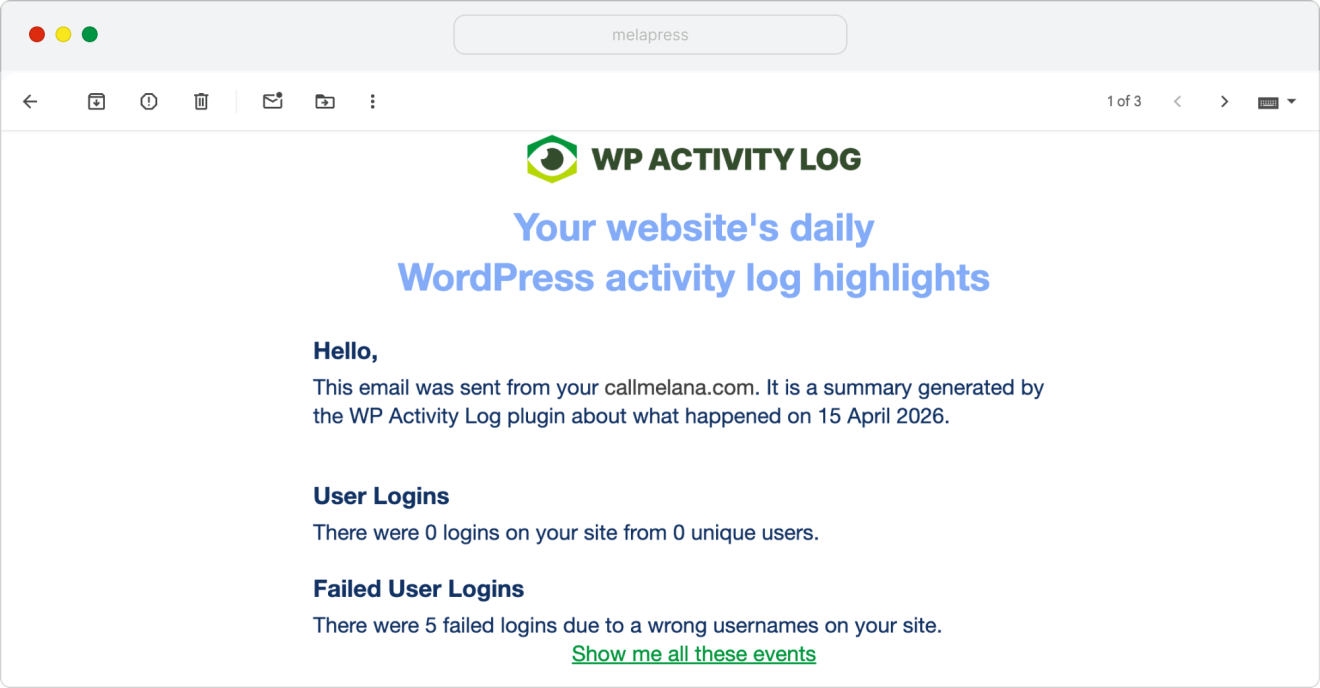 example of WP Activity Log email notification