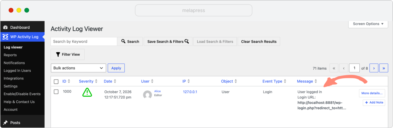Example of successful login in Activity Log Viewer