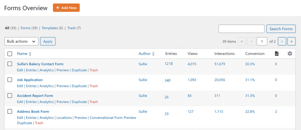 Forms Overview page with a table of forms, showing Name, Author, Entries, Views, Interactions, Conversion; first form is