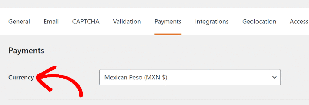 Payments settings: Currency label with a drop-down showing Mexican Peso (MXN $)