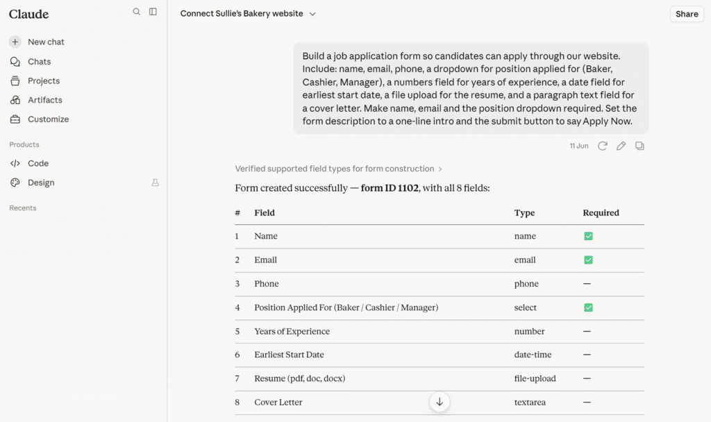 Screenshot of a form-building UI showing a sample job application form with fields Name, Email, Phone, and Resume on the Claude app