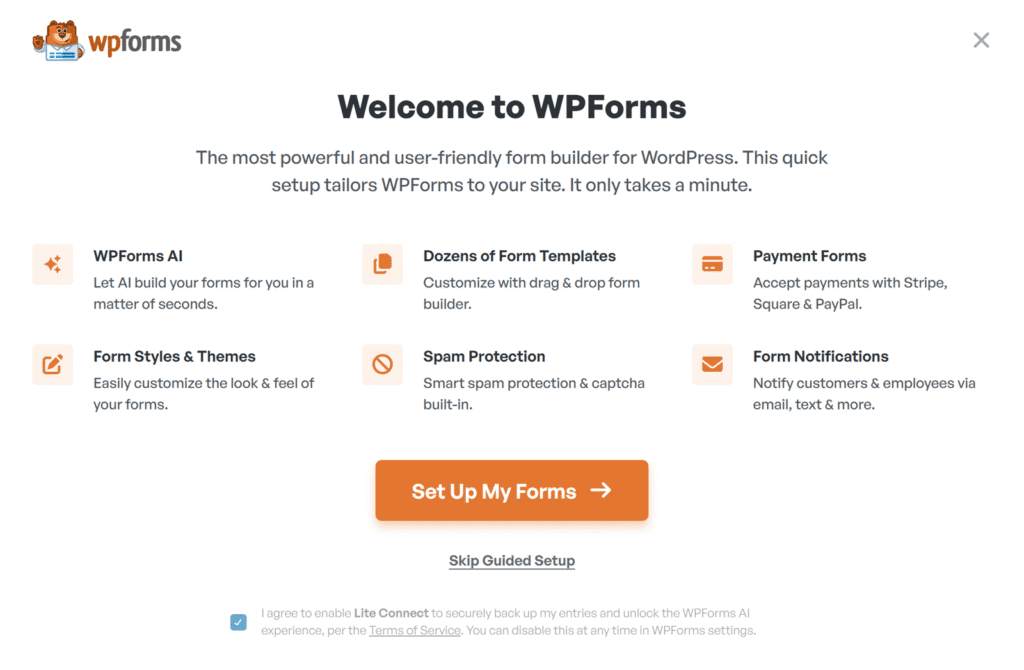 WPForms welcome screen showing six feature tiles (AI, templates, payments, styles, spam protection, notifications) and a large orange'Set Up My Forms' button for guided setup fitter layout.