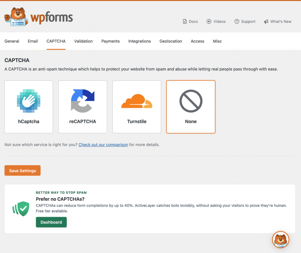 CAPTCHA method selection on WPForms: hCaptcha, reCAPTCHA, Turnstile, or None (current selection highlighted)