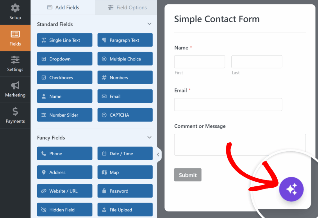 Form builder UI with left navigation and a right-side Simple Contact Form preview. (informative)