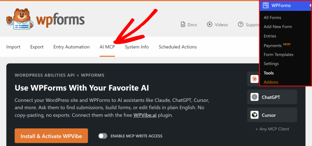 WPForms header with logo and navigation; AI MCP tab is highlighted with an orange underline on the menu bar.