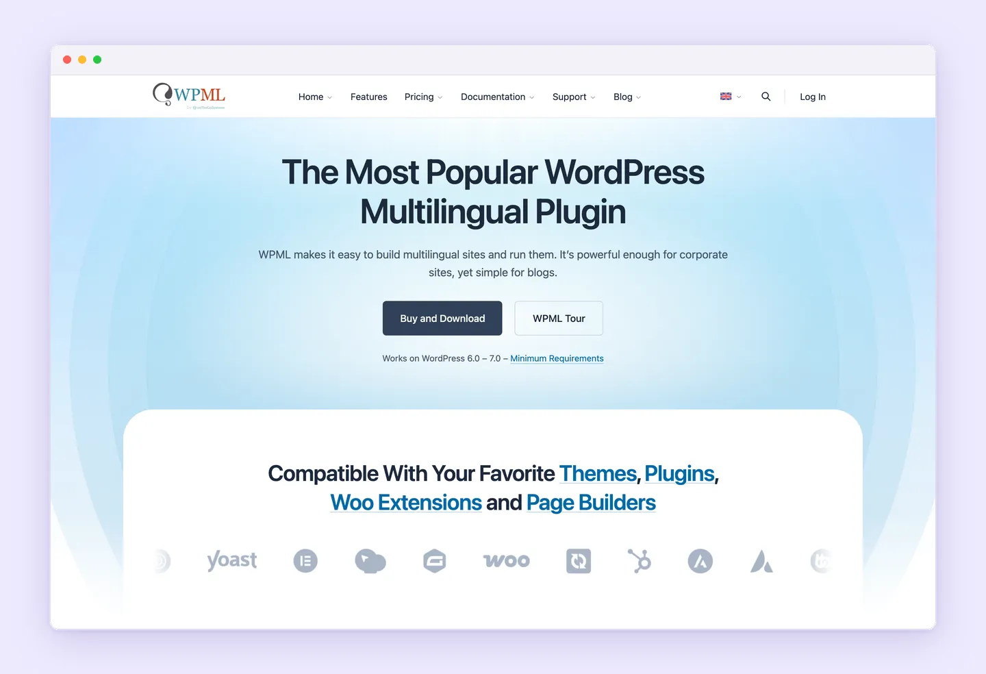 WPML website presenting the plugin with a list of compatible themes, plugins, WooCommerce extensions and page builders.