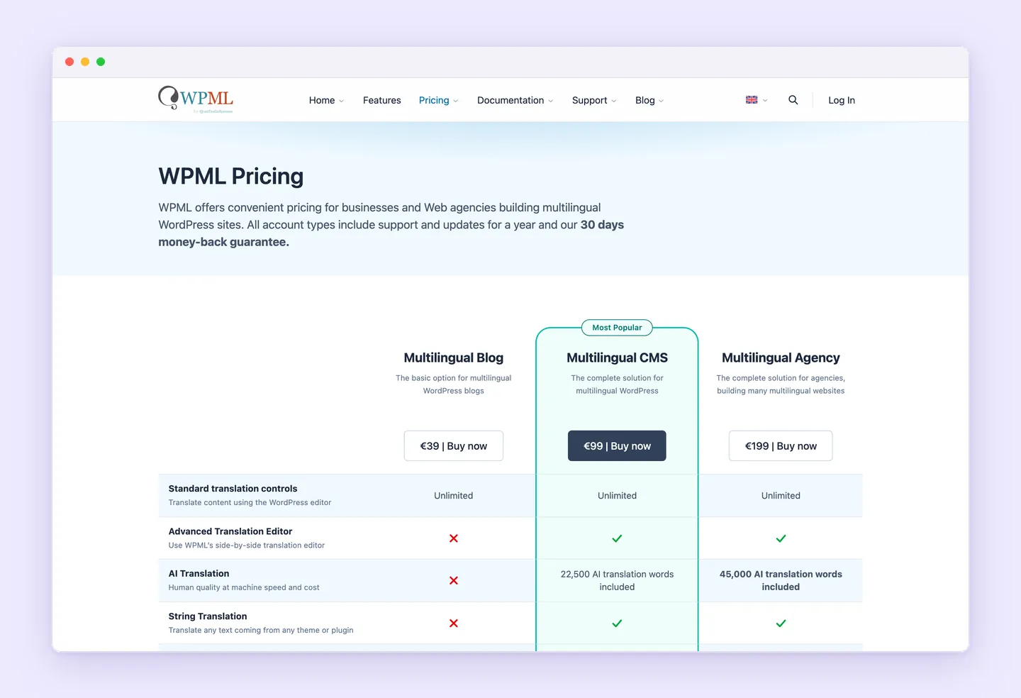 WPML pricing page comparing Multilingual Blog, Multilingual CMS and Multilingual Agency and the AI translation words each includes.