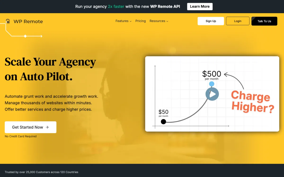 WP Remote homepage with the headline Scale Your Agency on Auto Pilot and a Get Started Now button.