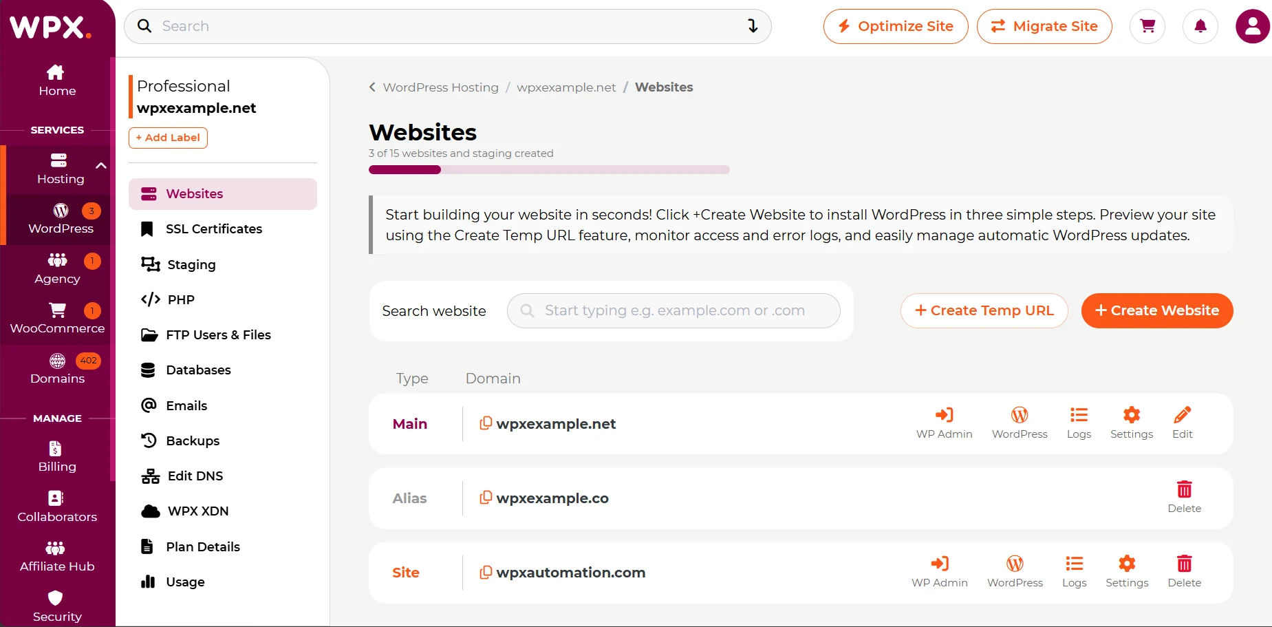 WPX control panel Websites screen with a website list and site management actions.