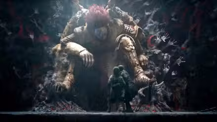 A gigantic hulking warrior sits before two cowering humans in A Writer’s Odyssey.