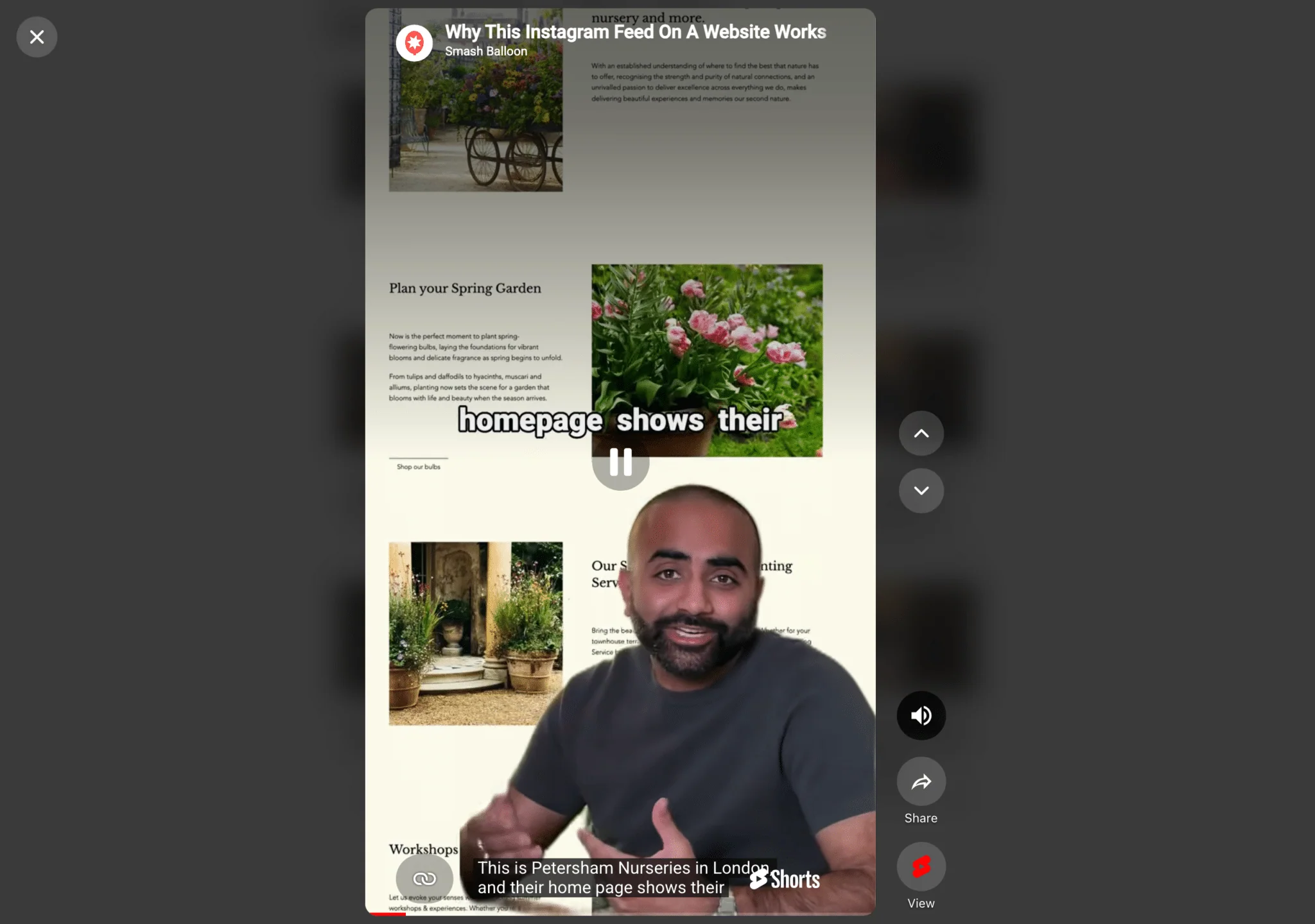 A YouTube Short playing in the full-screen Swipe View on a computer, with up and down arrows to move between Shorts and Share and View buttons beside the video