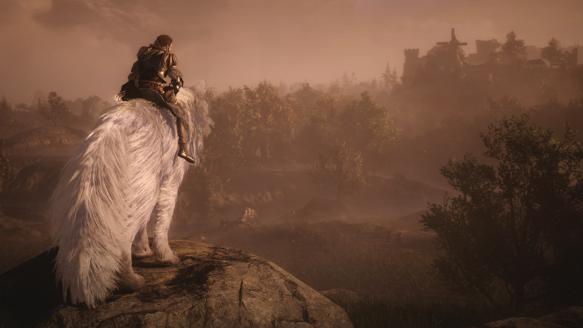 A screenshot of a Soulframe character sitting atop a great white wolf looking over a forest.
