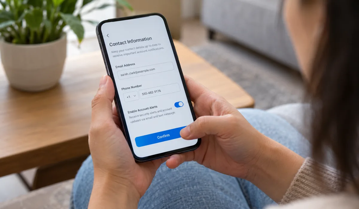 Hands holding phone showing payment enrollment settings screen
